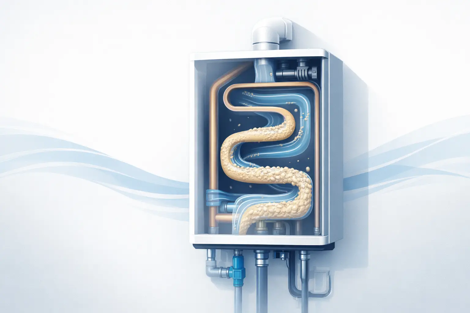 Illustration showing mineral buildup inside a tankless water heater affecting routine maintenance