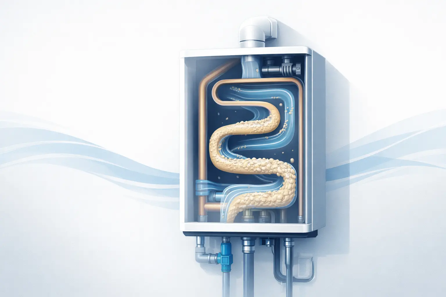 Conceptual illustration of mineral scale accumulating in a tankless water-heater water path