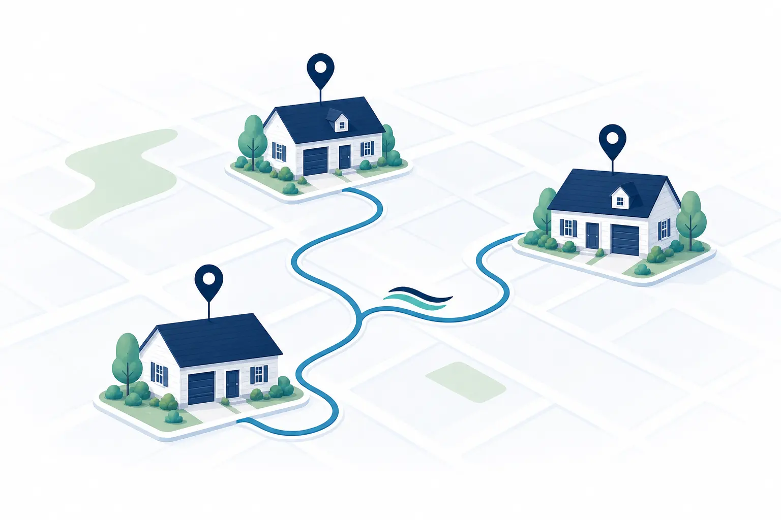 Illustration of three qualifying nearby homes connected by one service route