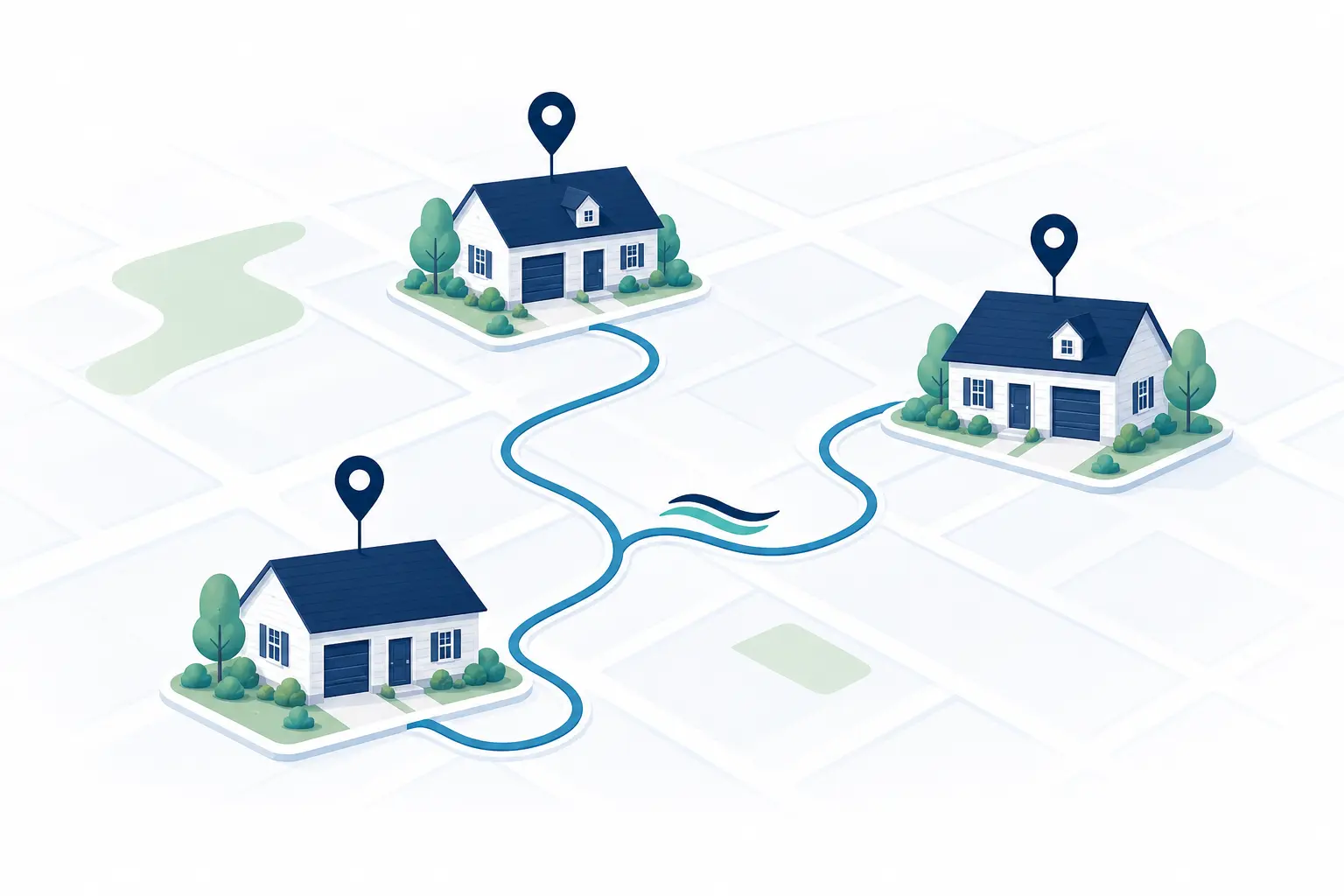 Illustration of three nearby homes connected by one FlowSure service route