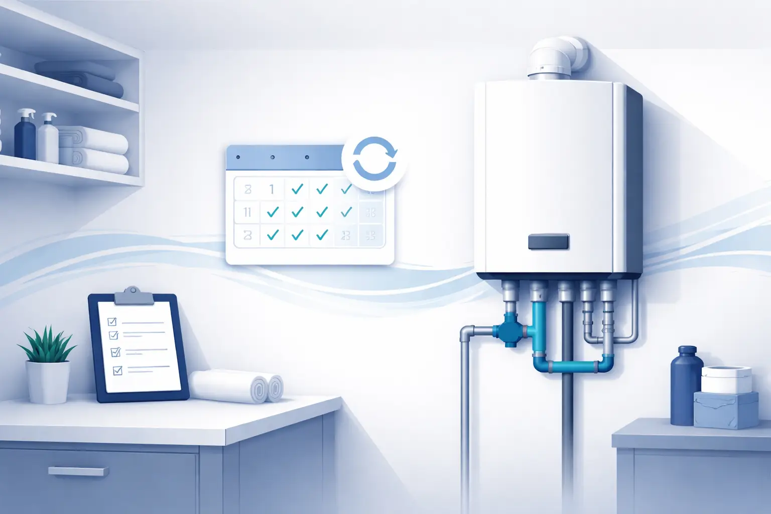 Illustration of a tankless water heater and recurring preventive home maintenance plan setup