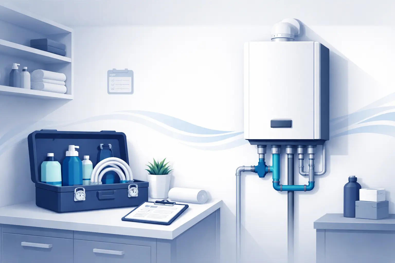 Illustration of an eligible tankless water heater and organized flushing equipment
