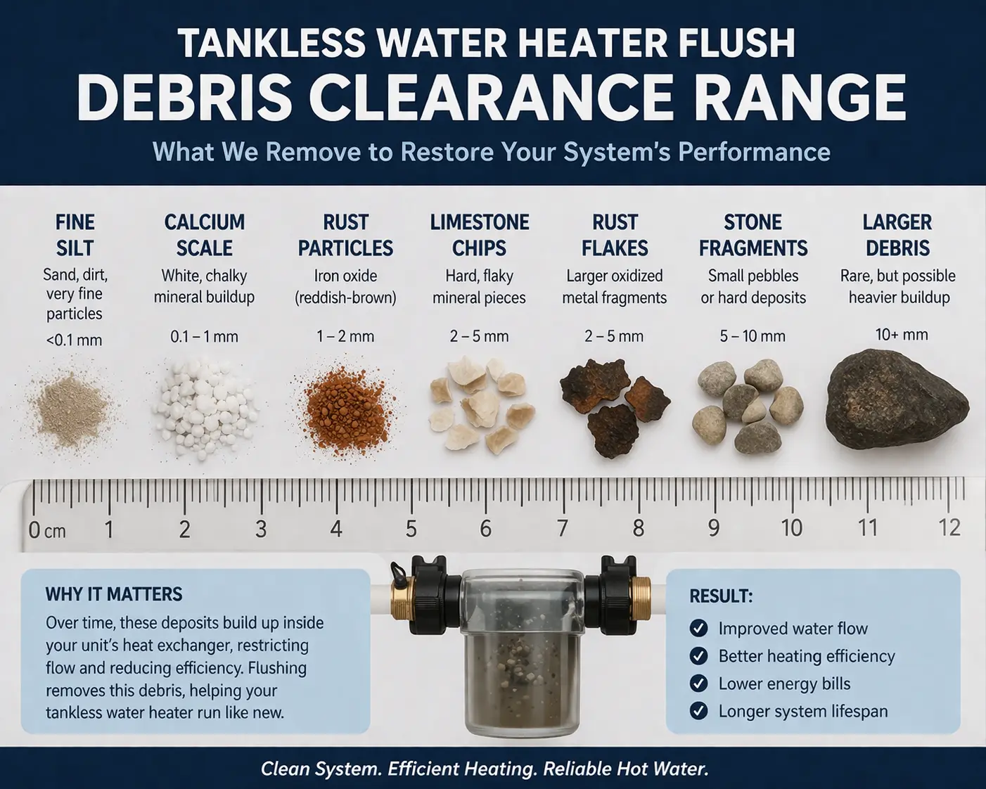 Infographic showing the debris clearance range removed during a tankless water heater flush, from fine silt and calcium scale to larger mineral and rust debris